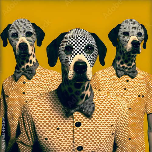 Abstract Funky Dogs music band illustration, fashionable, retro pop and coroful pattern, anthropomorphic animal Generative AI
