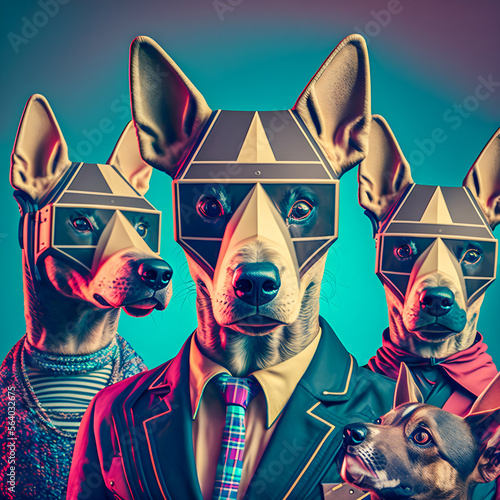 Abstract Funky Dogs music band illustration, fashionable, retro pop and coroful pattern, anthropomorphic animal Generative AI