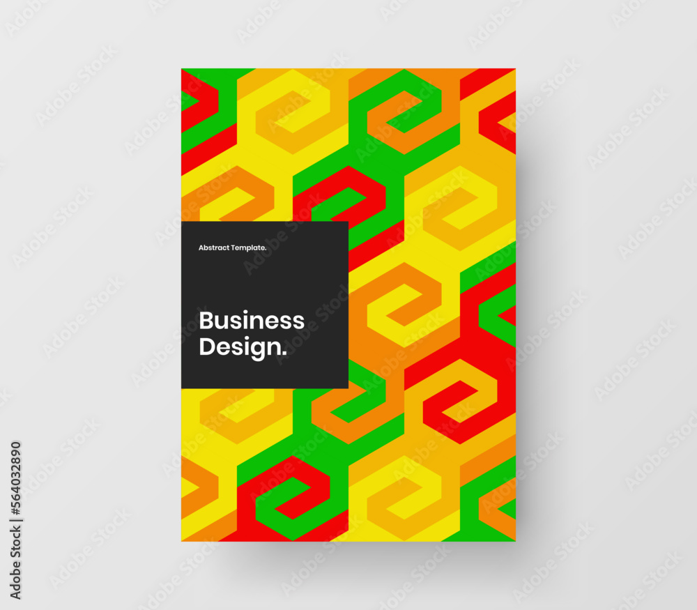 Isolated company brochure design vector layout. Multicolored geometric hexagons flyer illustration.
