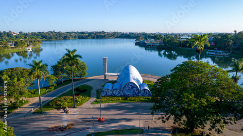 Lagoa da Pampulha, in Belo Horizonte, overlooking the Church of São Francisco de Assis and Guanabara Park. Minas Gerais Brazil. Aerial view