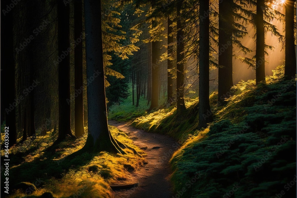 Fototapeta premium a path in the woods with a light shining through the trees on the side of it and a trail leading to the top of the trees on the other side of the path is a grassy hill. Generative AI