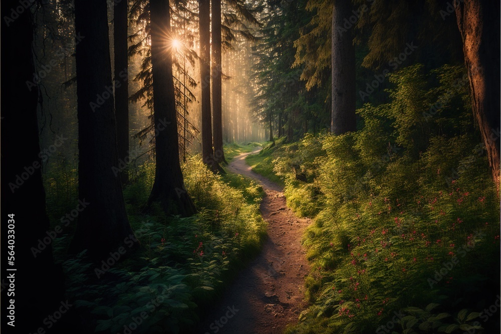  a path in the woods with the sun shining through the trees and the sun shining through the trees on the other side of the path is a path with a trail in the woods with flowers and. Generative AI