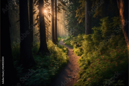  a path in the woods with the sun shining through the trees and the sun shining through the trees on the other side of the path is a path with a trail in the woods with flowers and. Generative AI