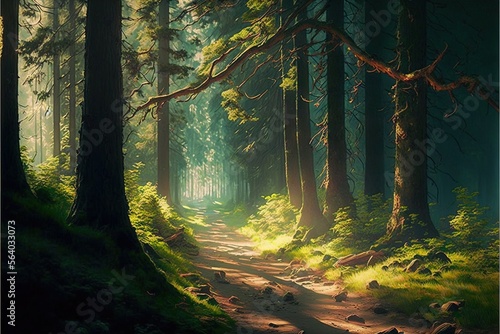  a painting of a forest with a path leading through it and trees on both sides of the path, with sunlight shining through the trees on the ground, and on the ground, and on the ground. Generative AI