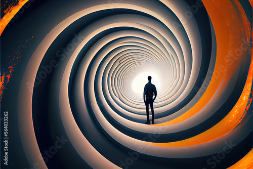 A person with a surreal, dreamlike appearance, standing in front of a large, open spiral. Imaginative self-expression and exploration of inner self. Generative AI