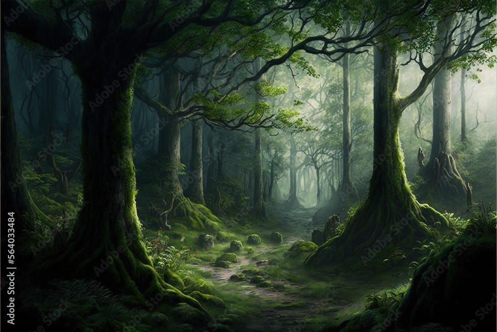  a painting of a forest with a path through it and lots of trees in the background with moss growing on the ground and on the ground, and on the ground, and on the ground. Generative AI