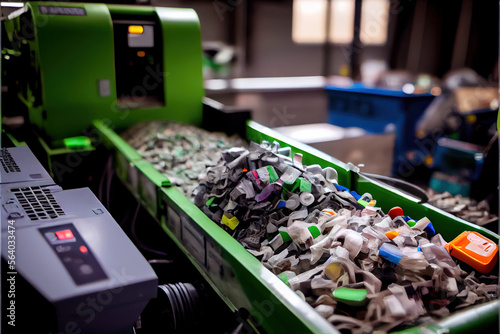 A close up of a recycling machine sorting plastic waste in a recycling factory, with a backdrop of conveyor belts. Generative AI © Pavel