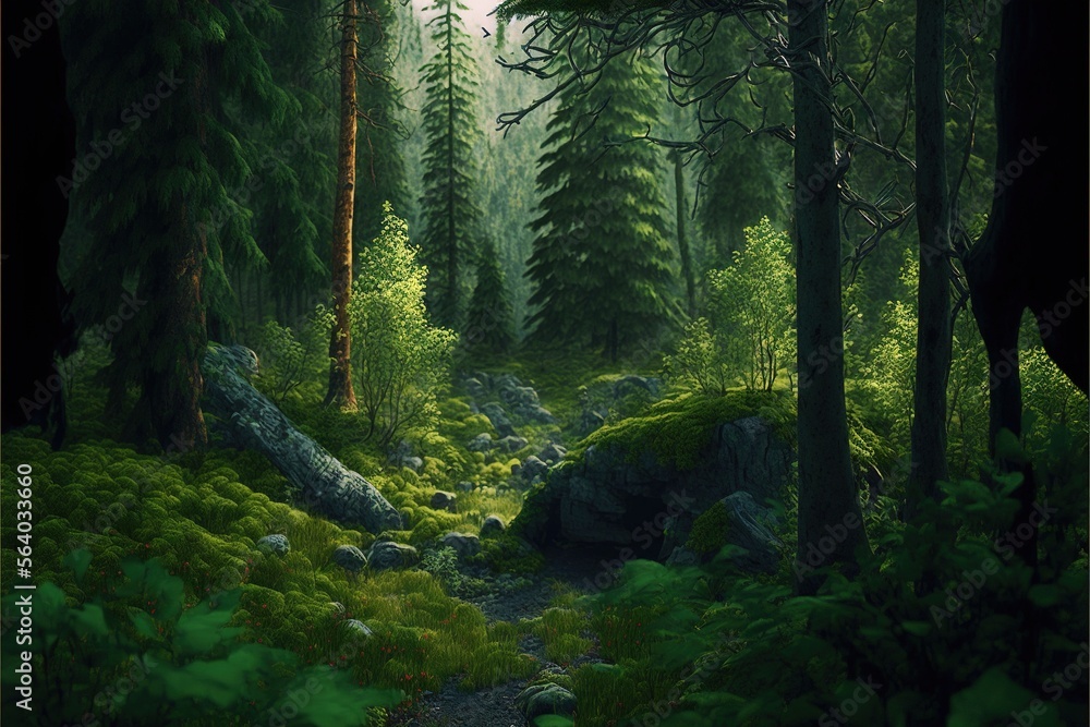 Obraz premium a painting of a forest with rocks and trees in the background and a path through the woods with rocks and trees in the foreground, with green foliage, and a few trees,. Generative AI