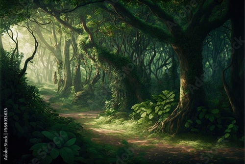  a painting of a forest with a path leading through it and lots of trees and plants on the ground and a light shining through the trees on the ground, with a green light,. Generative AI