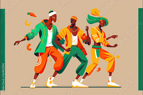 Professional street dancers in bright outfits, Afro dancers moving in dance outdoors, generative ai © Jn