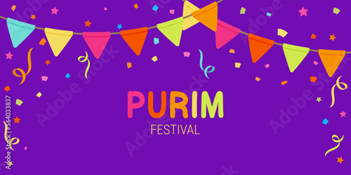 Happy Purim carnival banner with ribbons and confetti on purple background