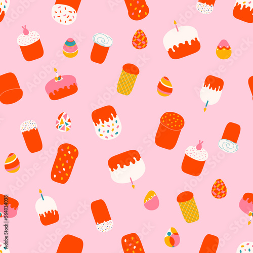 Easter cakes and eggs seamless pattern vector illustration isolated on pink. Various Easter bread decorated with glaze and sprinkles, painted eggs. Hand drawn print