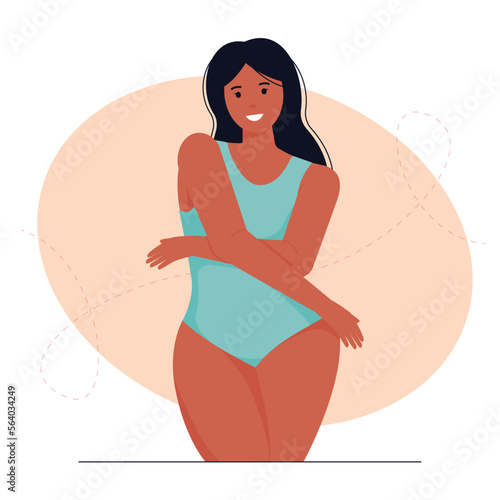 Woman in a swimsuit. A woman who loves her body. Body positive concept. Attractive full model. Vector illustration