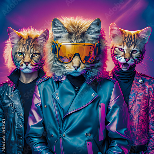 Abstract Funky Cats music band illustration, fashionable, retro pop and coroful pattern Generative AI photo