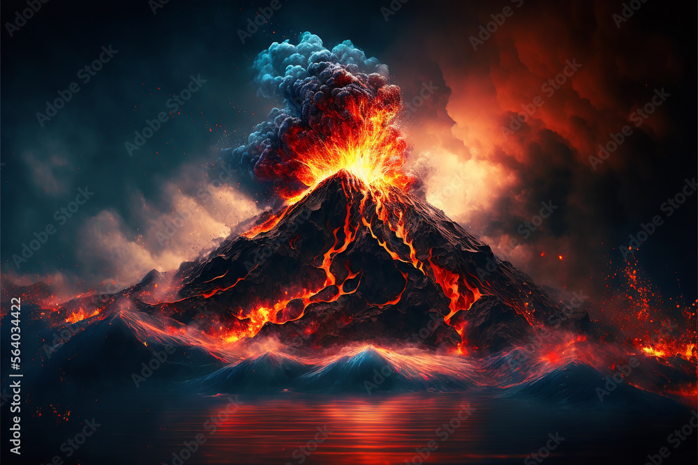 Volcanic eruption with fire lava emissions and dark smoke, generated Midjourney AI