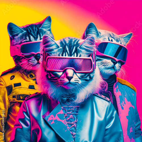Abstract Funky Cats music band illustration, fashionable, retro pop and coroful pattern Generative AI