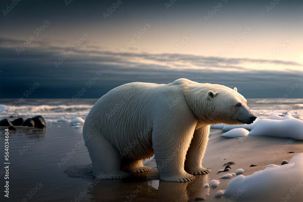 Illustration of a sad polar bear in the arctic at climate change ...