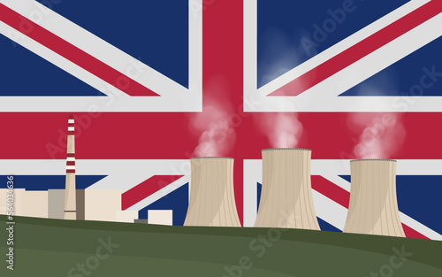 Nuclear power plant in United Kingdom. Electricity generation production. Power station on United Kingdom flag background. Nuclear power stations vector illustration