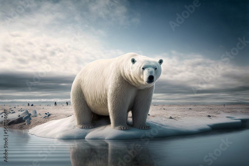 Illustration of a sad polar bear in the arctic at climate change. Global warming concept. Generative Ai 