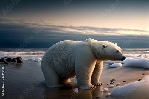 Illustration of a sad polar bear in the arctic at climate change. Global warming concept. Generative Ai 