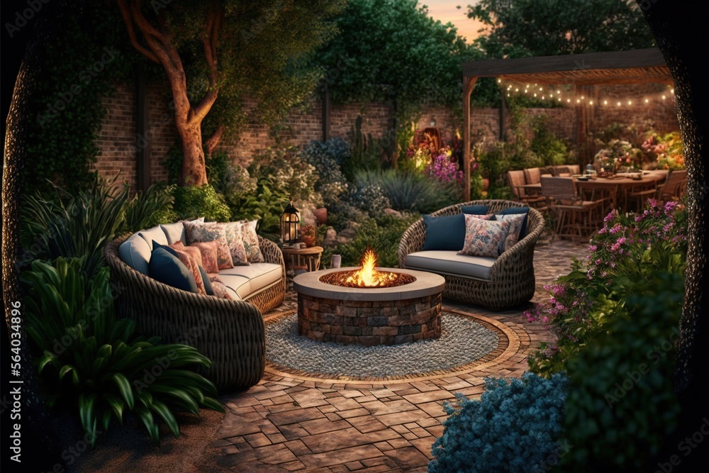  a patio with a fire pit surrounded by furniture and trees and plants at night time with lights on the patio and patio furniture and table and chairs around it, and a fire pit. Generative AI - obrazy, fototapety, plakaty 