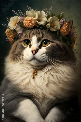 Beautiful cat with flower crown. Generative AI. 