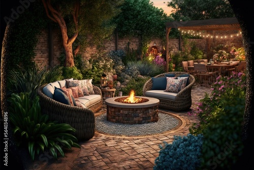  a patio with a fire pit surrounded by furniture and trees and plants at night time with lights on the patio and patio furniture and table and chairs around it, and a fire pit. Generative AI photo