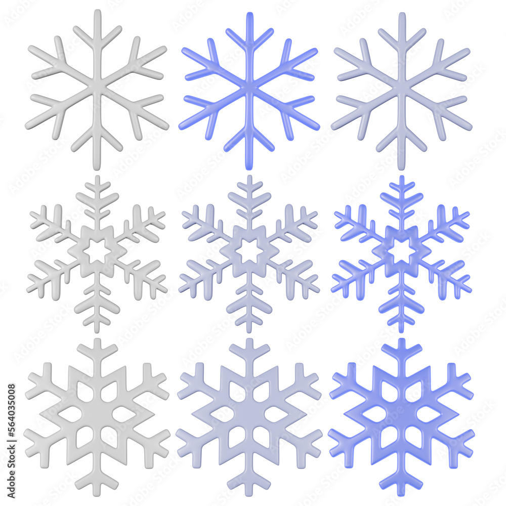 Fototapeta premium Snowflakes in different colors. 3D illustration.