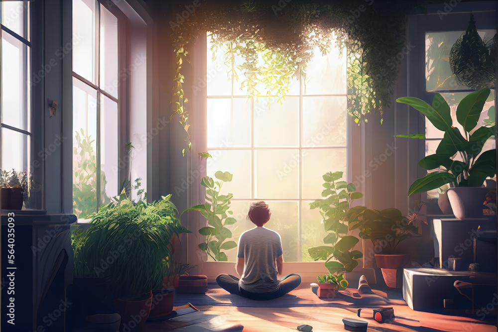 A person sitting in a yoga pose, surrounded by plants and natural light ...