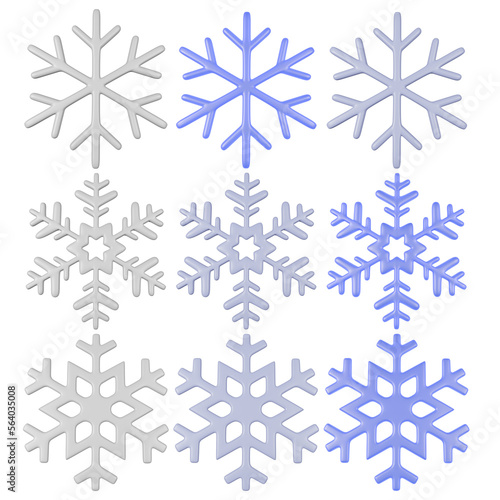 Snowflakes in different colors. 3D illustration.