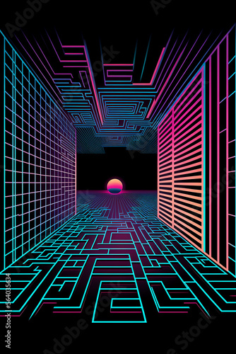 Retrowave Maze Labyrinth Circuit Pattern Background for EDM Rave DJ Event Flyer Art photo