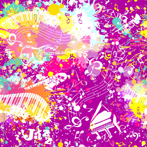Vector purple Music background. Seamless pattern with Hand drawn doodle Musical Instruments  Retro musical equipment.