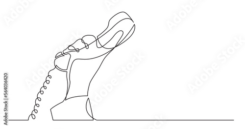 continuous line drawing vector illustration with FULLY EDITABLE STROKE of person hand holding phone receiver with copy space