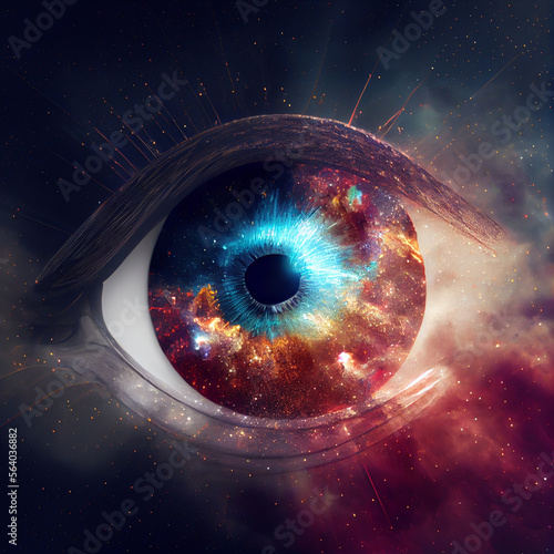 Close up Abstract eye concept looking on a nebula dust in infinite space background  photo