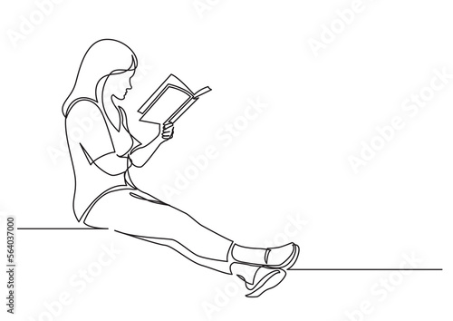 continuous line drawing vector illustration with FULLY EDITABLE STROKE of sitting concentrated woman reading book photo