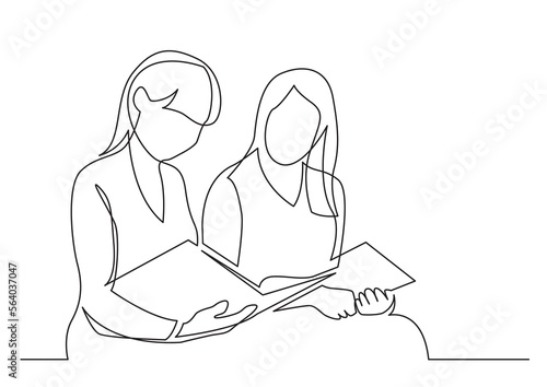 continuous line drawing vector illustration with FULLY EDITABLE STROKE of two young women reading book
