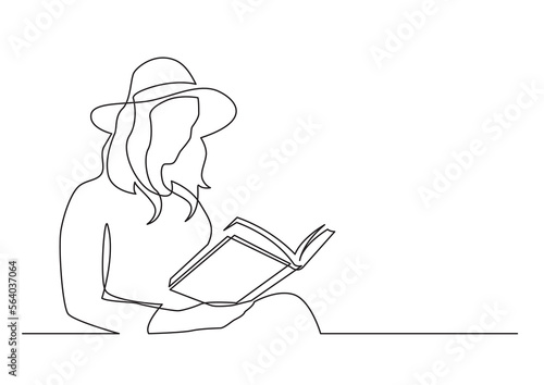 continuous line drawing vector illustration with FULLY EDITABLE STROKE of woman in hat reading book