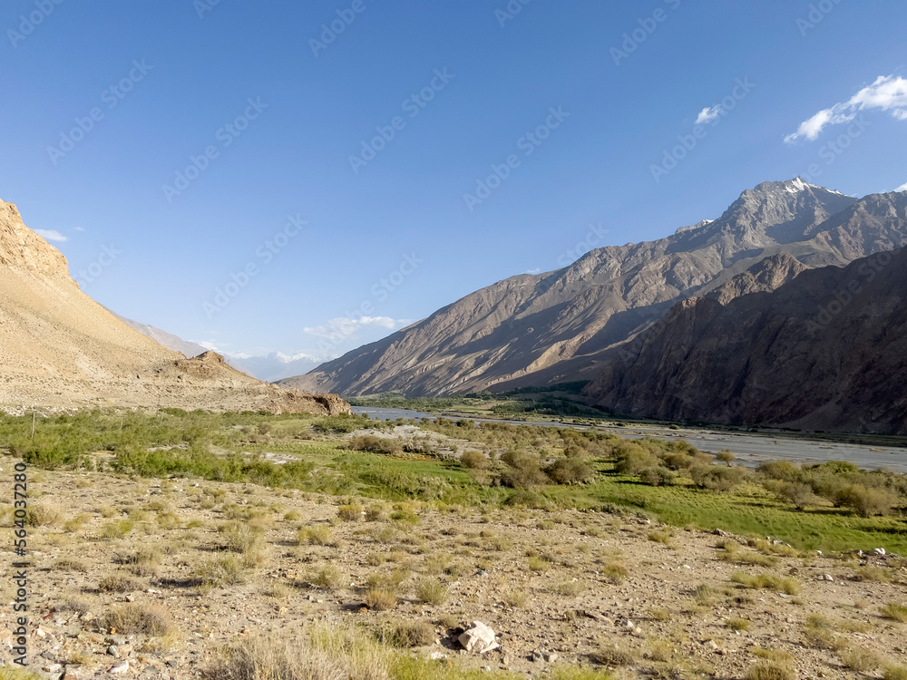 Pamir Mountains on the longest river in Central Asia Panj.