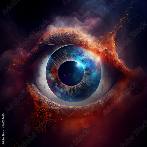 Abstract eye concept looking on a nebula dust in infinite space background . Mixed media. photo