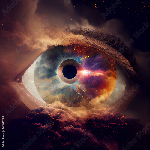 Abstract eye concept looking on a nebula dust in infinite space background . Mixed media. photo