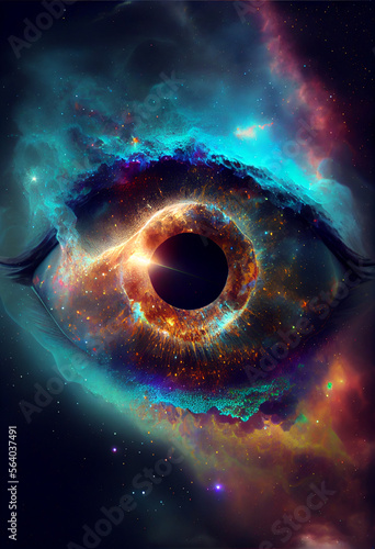 Abstract eye concept looking on a nebula dust in infinite space background . Mixed media. photo