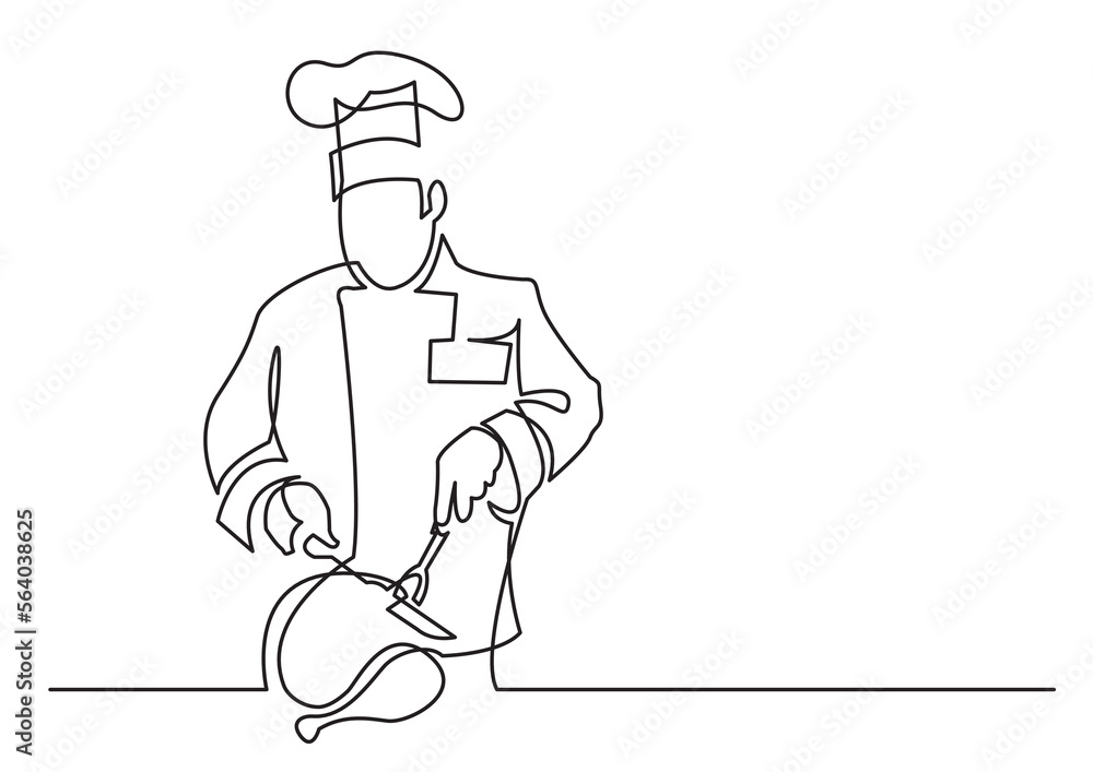 continuous line drawing vector illustration with FULLY EDITABLE STROKE of chef cutting turkey