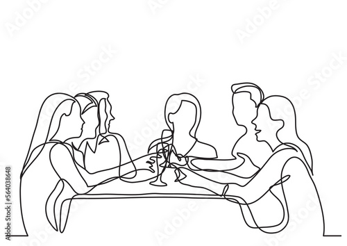 continuous line drawing vector illustration with FULLY EDITABLE STROKE of company of friends dining in restaurant