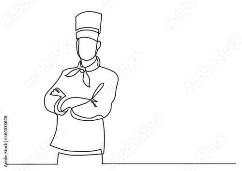 continuous line drawing vector illustration with FULLY EDITABLE STROKE of confident chef standing