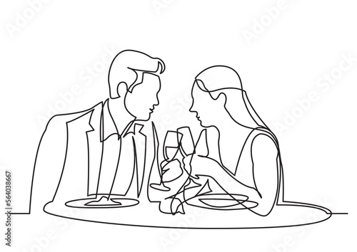 continuous line drawing vector illustration with FULLY EDITABLE STROKE of man and woman dating dining in restaurant