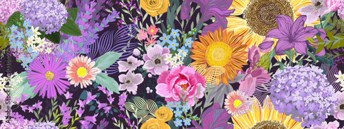 Blooming midsummer meadow pattern. Plant background for fashion, wallpapers, and print. A lot of different flowers on the field. Liberty style millefleurs. Trendy floral design