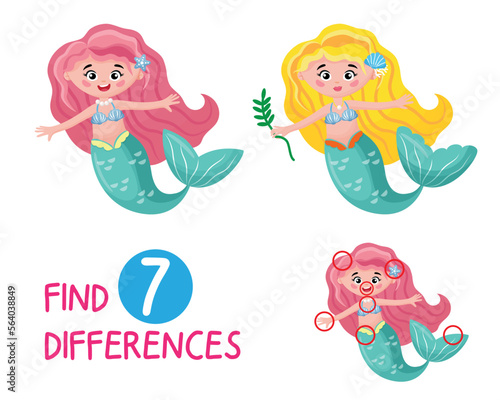 Mini game for children. Find 7 differences in underwater world, cartoon style