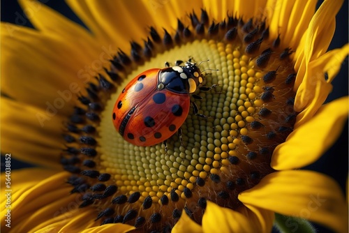  a lady bug sitting on a sunflower with a black background and a yellow flower with a black center and a black center and white dot on the center of the center of the center. Generative AI