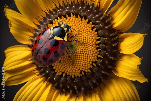  a lady bug sitting on a sunflower with a black background behind it and a black background behind it, with a black background, and a black background, with a sunflower,. Generative AI