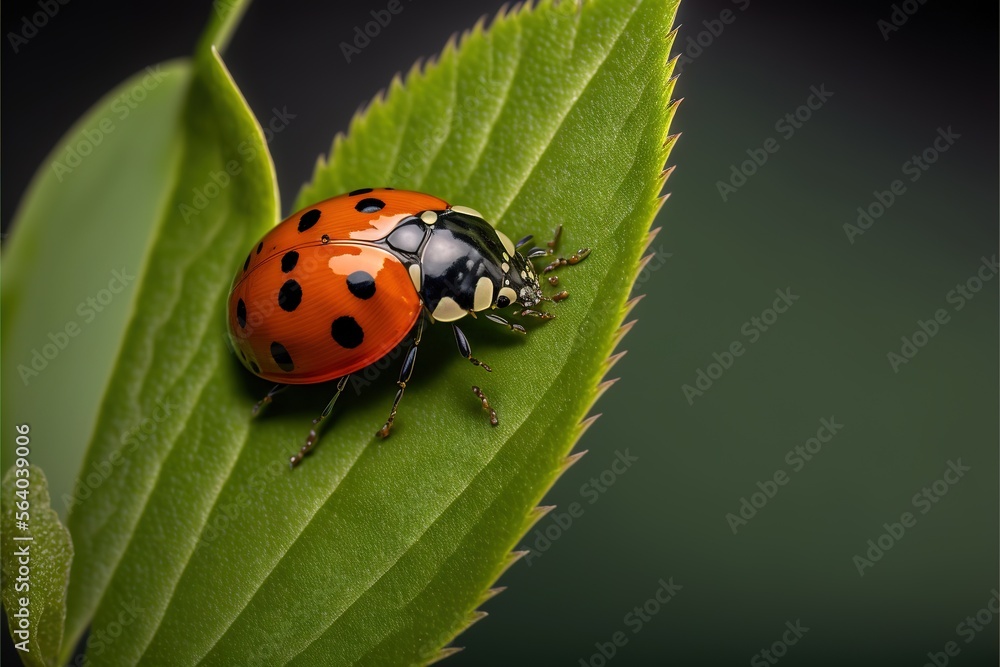 a lady bug sitting on top of a green leaf on a plant stem with a black background and a green leaf with a black spot on the top of the top of the lady bug. Generative AI a lady bug sitting on top of a green leaf on a plant stem with a black background and a green leaf with a black spot on the top of the top of the lady bug. Generative AI